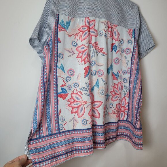 J.Jill Womens Striped Linen Blend Button-Up Short Sleeve Shirt With Floral & Geo - Picture 6 of 16